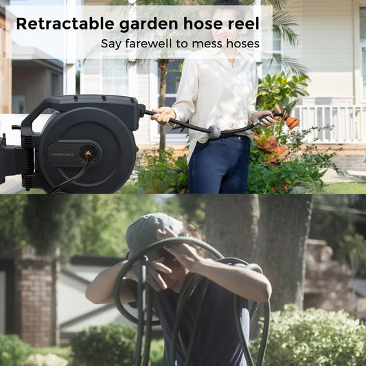 AW505/8 Retractable Garden Hose Reel 5/8" X 115+5 Ft, Heavy Duty Wall Mounted Water Hose Reel Automatic Rewind, 180 Deg Swivel Bracket, Slow Retraction, 115Ft, Dark Grey